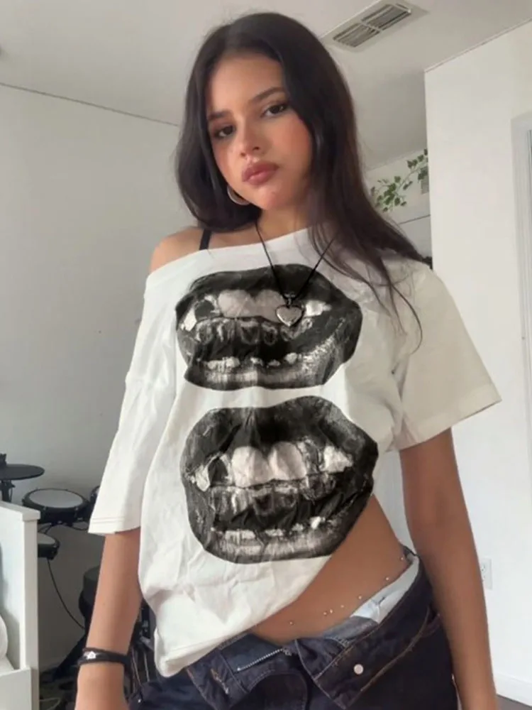 Damen American Street Hip Hop Loose T-Shirt Munddruck Casual Top Personalisierte Mode Loose Fit T-Shirt