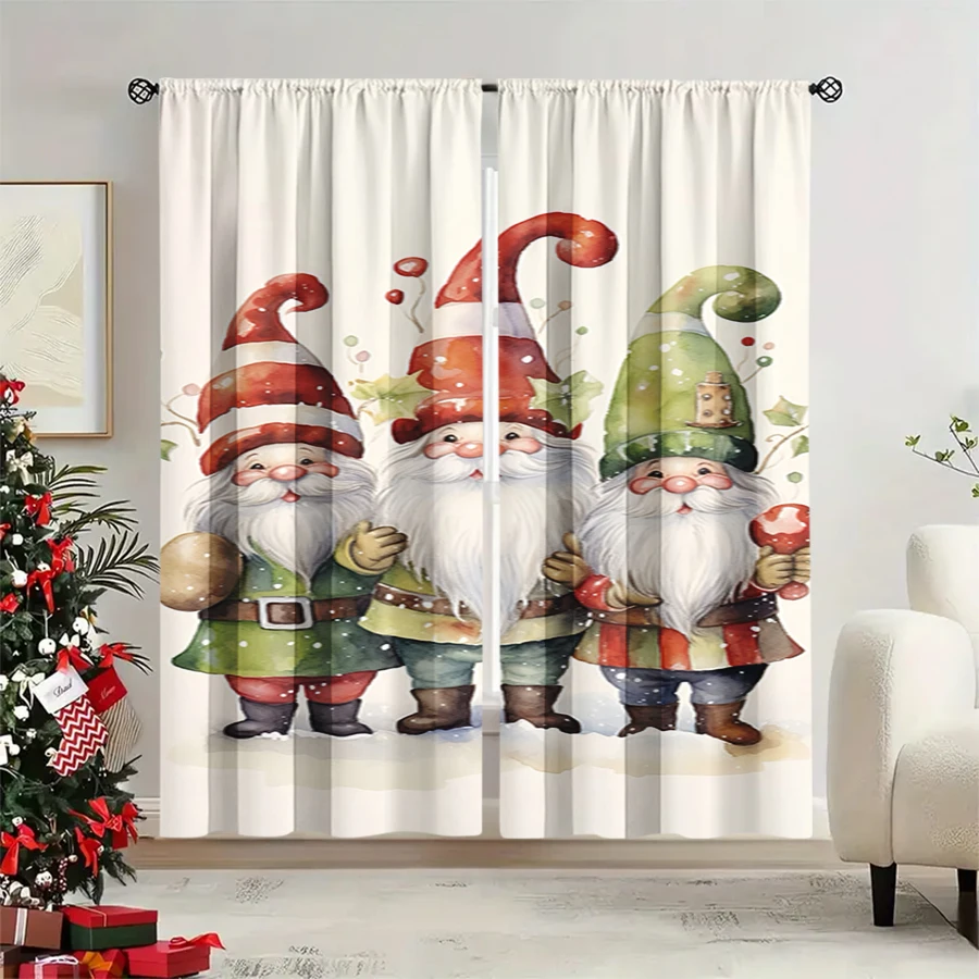 2PCS Christmas Winter Curtains, Watercolor Gnome Three Hat Red Green White, Digital Print, Bedroom Living Room, Home Decor