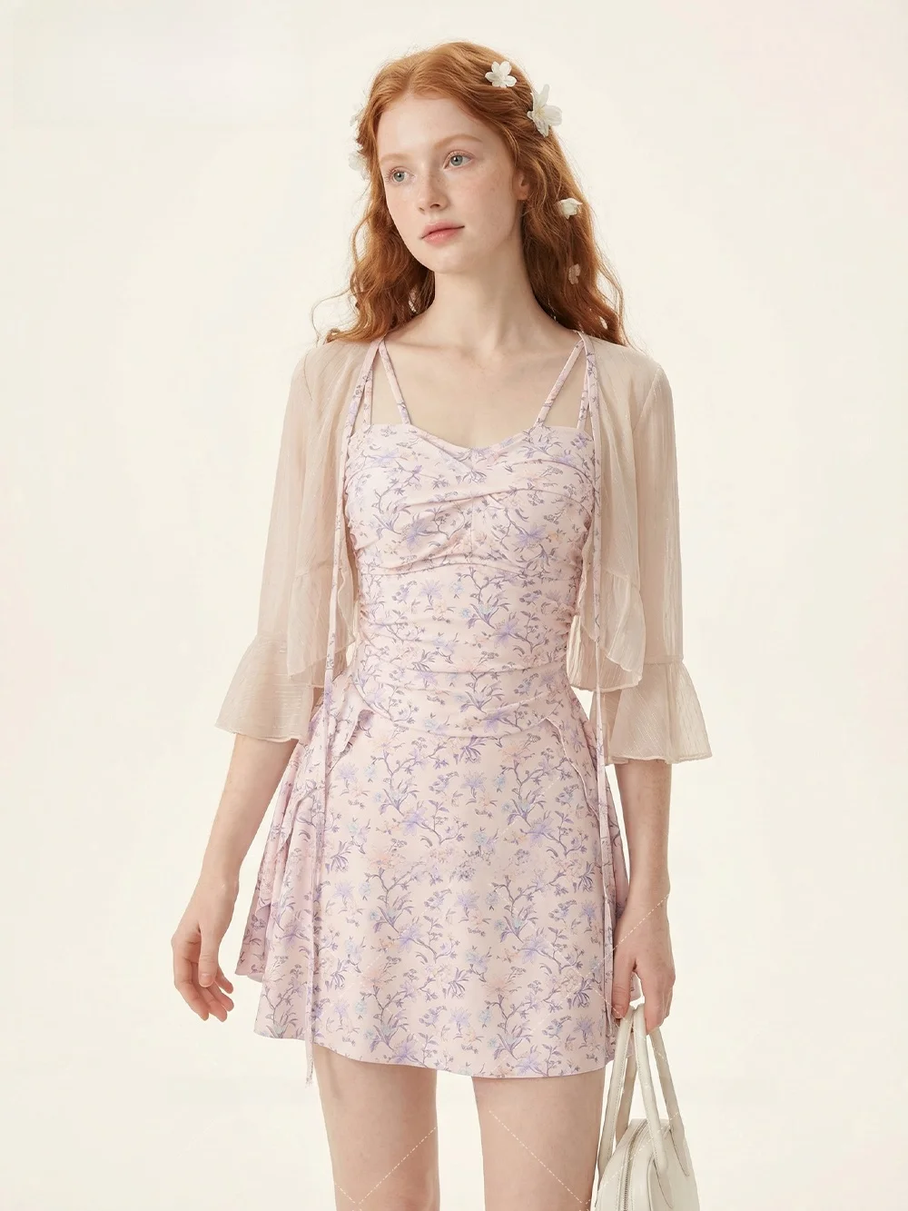 

Retro Floral Pure Desire One-Piece Swimsuit Long Sve Beach Vaion Women's Skirt Sle Conservative Swimming Costume