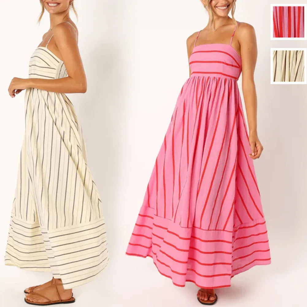 

Женские длинные платья в полоску, модные летние повседневные юбки на бретелях-спагетти с драпировкой сзади, юбки с вырезами, вечерние платья
