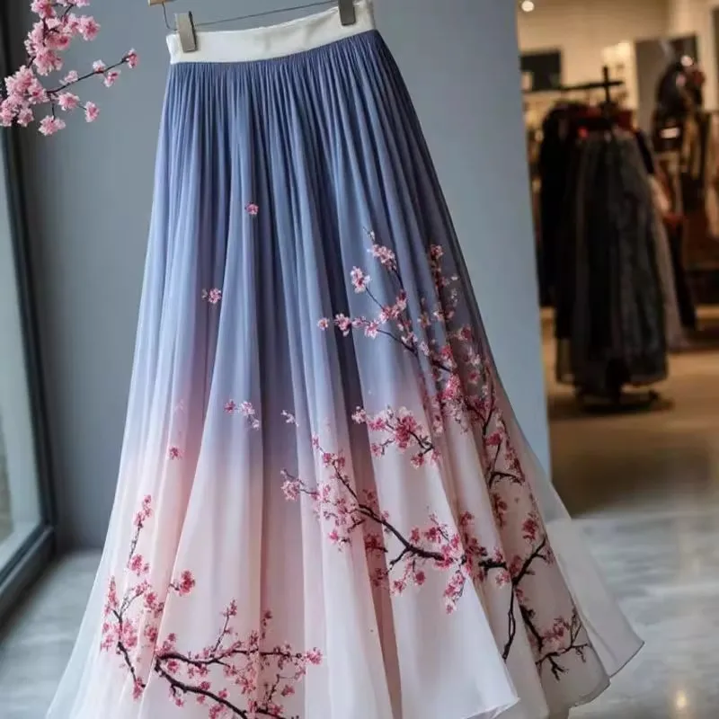 Elegant Floral Print Maxi Skirt Women's Fairylike High Waist Slim Fit Long Skirts Chinese Style Autumn Winter New Arrival