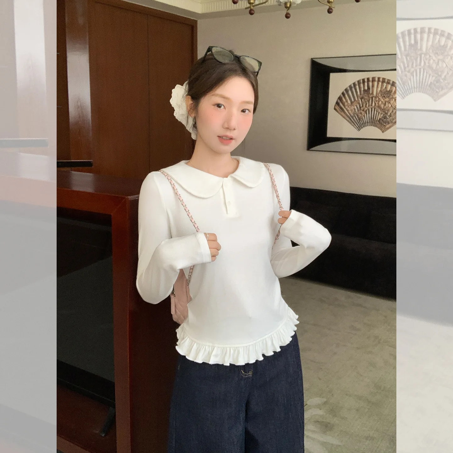 

White Doll Collar Ruffled Hem Long Sleeve T-Shirt Autumn Winter New Base Shirt Layered Slim Fit Top For Women