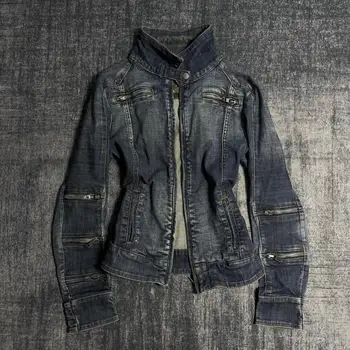 Y2K Vintage Blue Denim Jacket Women Harajuku Fashion  Short Multi Zip Zipper Coat Gothic Punk Sexy Slim Fit Stand Collar Jacket 2