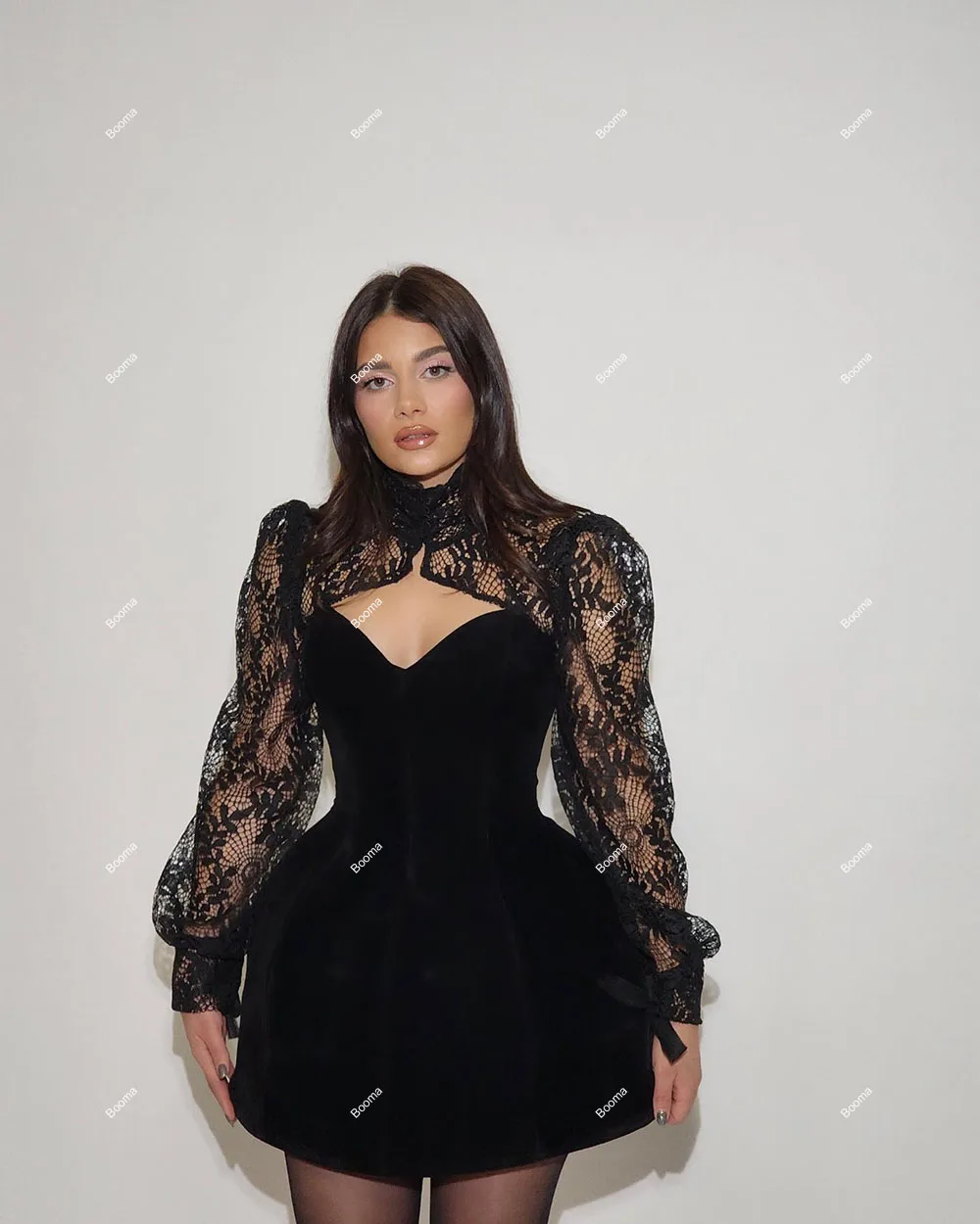 Booma Black Mini Velour Prom Dresses Lace Long Sleeves Cocktail Dress for Women Elegant Simple Homecoming Party Gowns