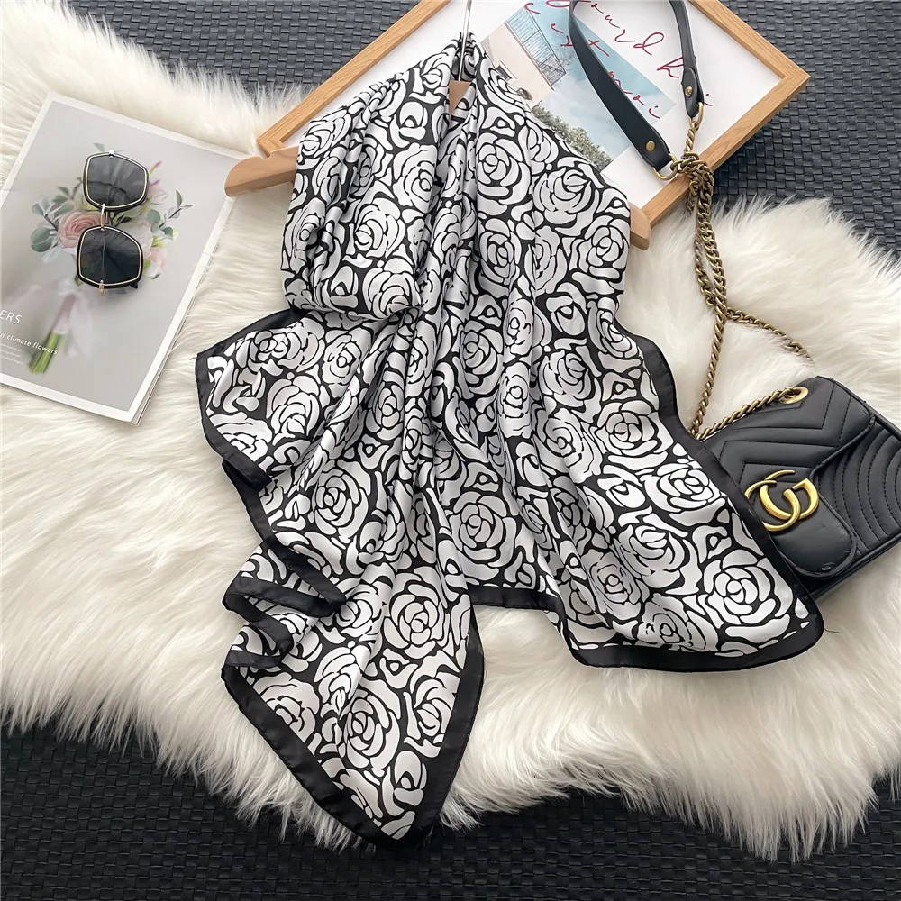 New floral simple and elegant high-end imitation silk scarf for women's decorative shawl sun protection beach towel