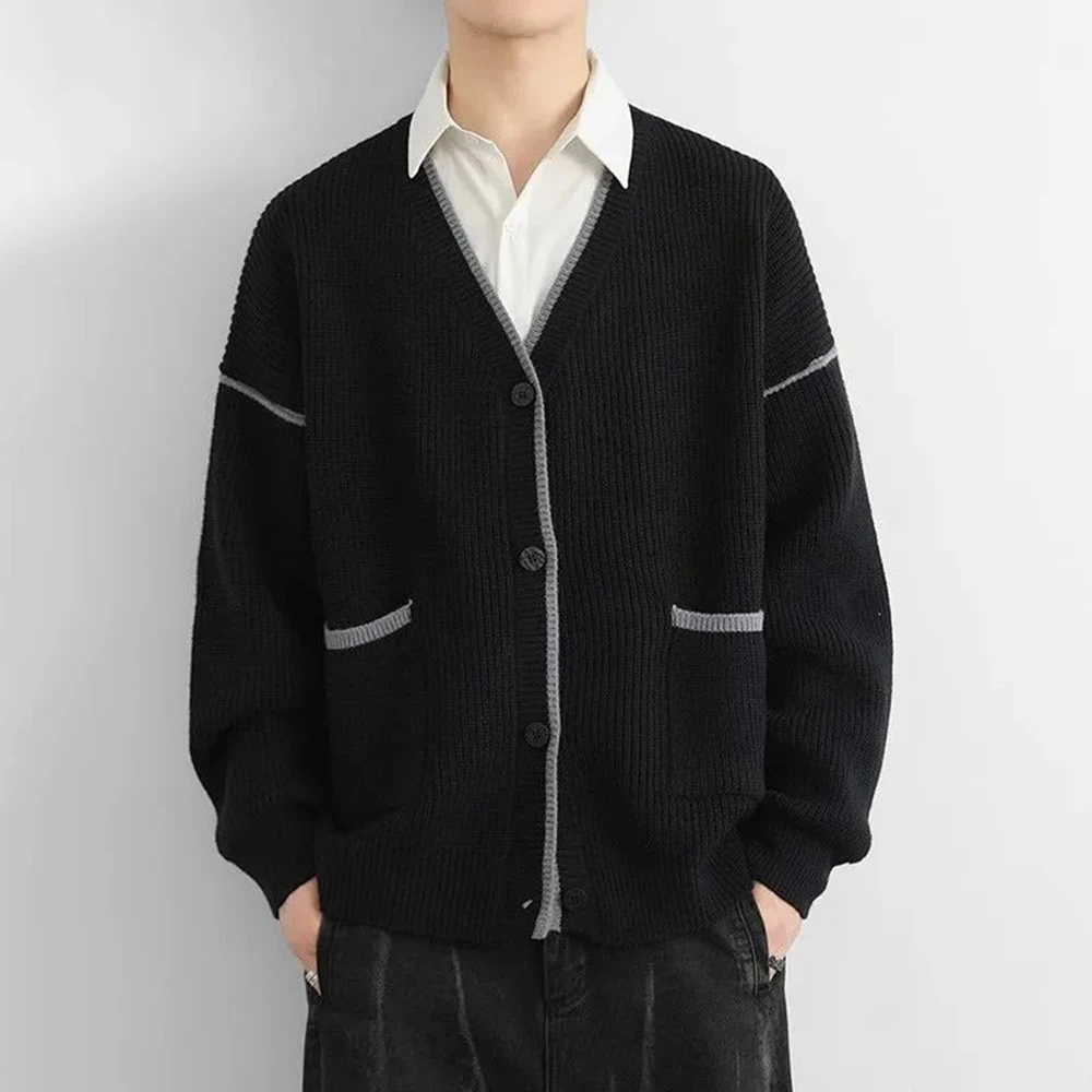 

2025 Winter New Men's Color Block Long-Sleeved Cardigan Sweater American Retro Fashion Trend Loose Casual Niche Men's Top