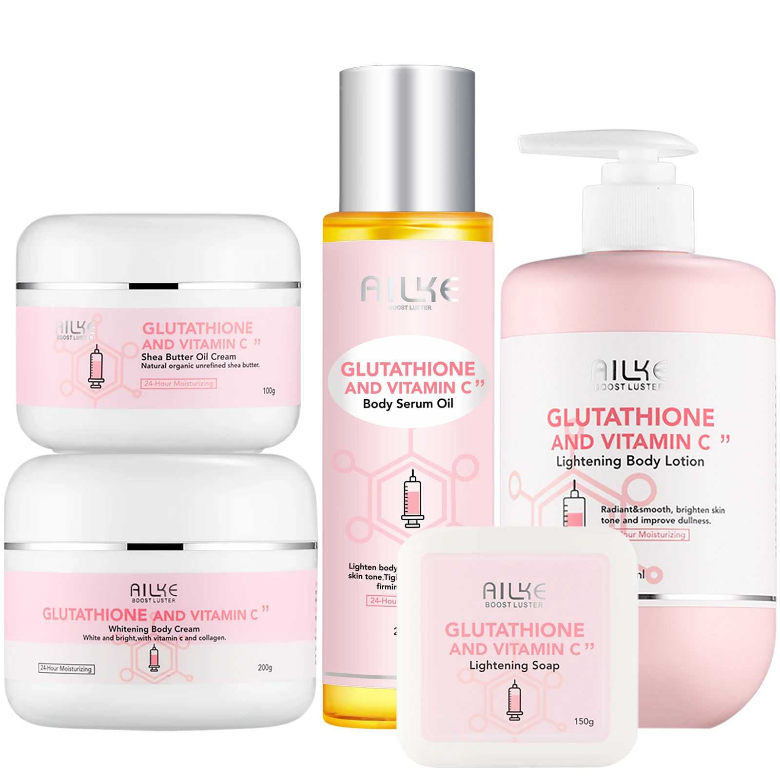 AILKE Kit de glutationa e vitamina C, com loção clareadora, creme hidratante, sabonete clareador, óleo de spa, creme corporal brilhante