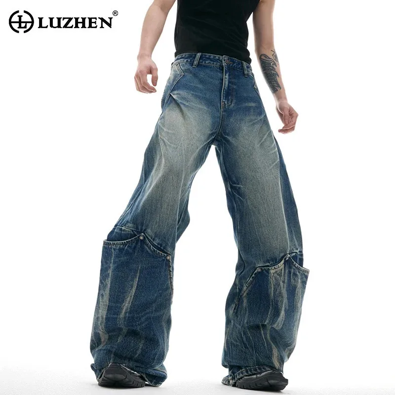 

LUZHEN 2025 Personalized Patchwork Wide Leg Jeans Men's Trendy High Street Loose Straight Loose Denim Pants Male Clothes JY1698