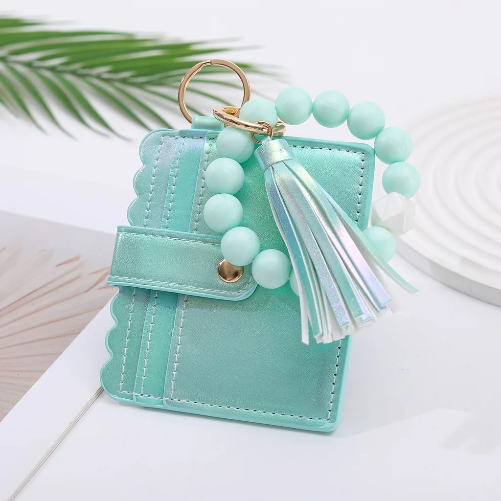 Card Holder Delicate Pu Leather Card Holder Beaded Keychain Iridescent Id Window Card Case For Daily Travel Dating Bag Charm
