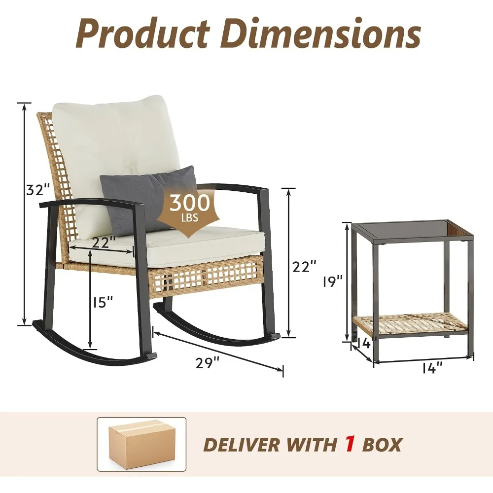 3 Piece Patio Rocking Chairs Set of 2, Outdoor Bistro Set with Tempered Glass Coffee Table, Beige