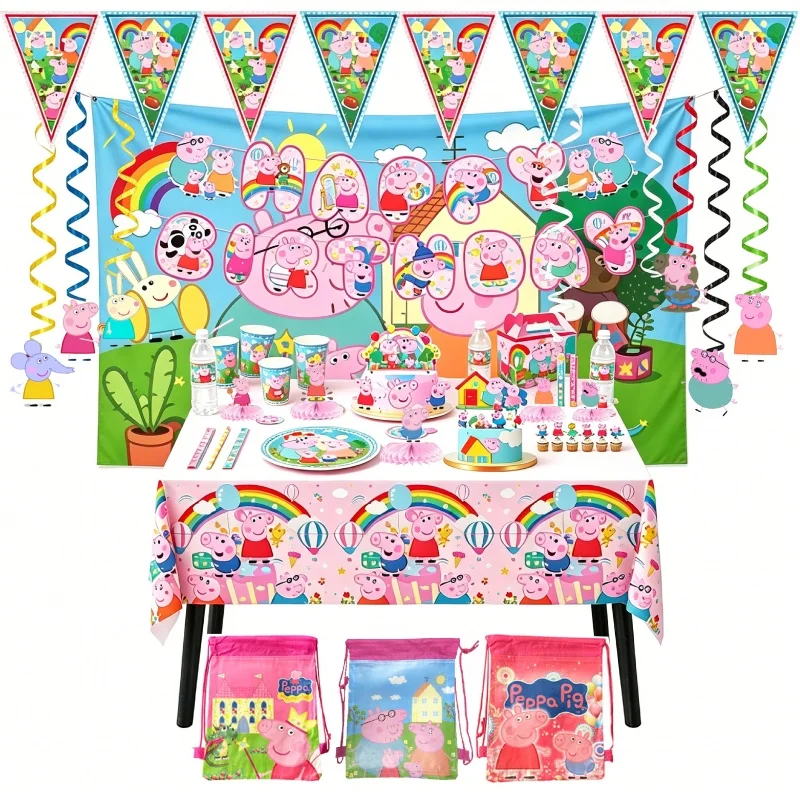 

Peppa Pig Theme Party Supplies Tableware Cup Plate Straw Napkins Spiral Honeycomb Paper boxe Background Girls Birthday Decorate