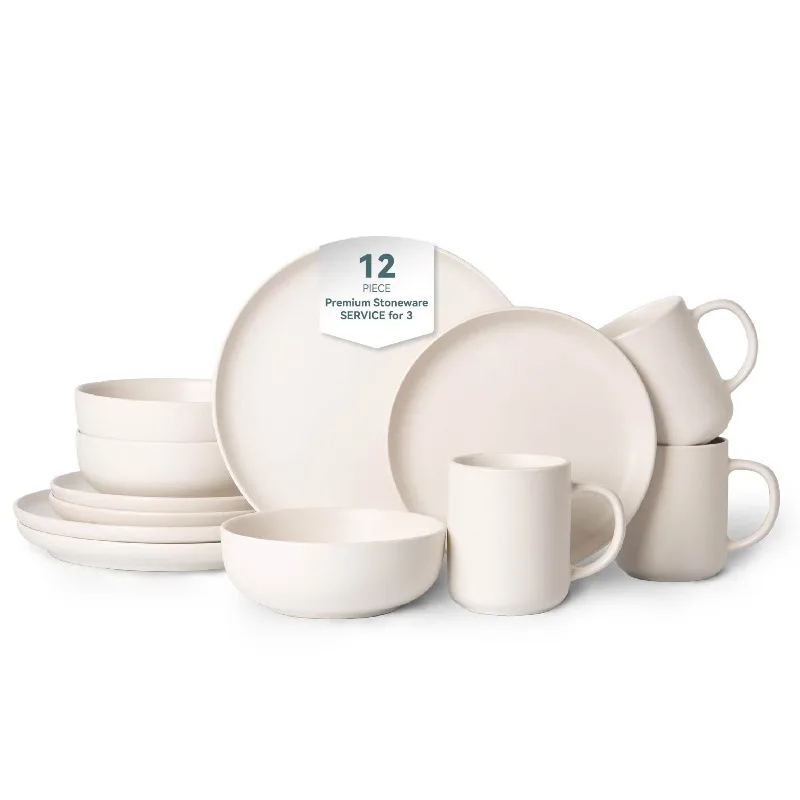 

Durable Shatter-Resistant 12-Piece Stoneware Dinnerware Set Microwave Safe Stackable Matte Glaze Plates Bowl Safe Certification
