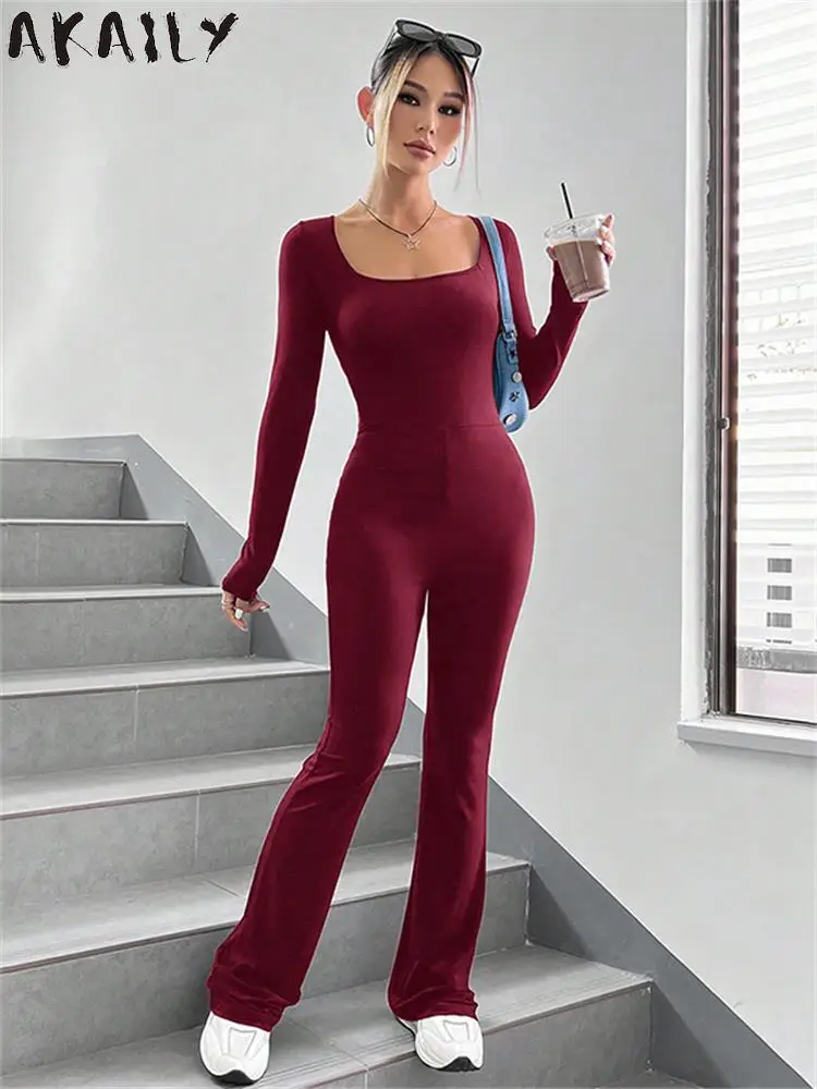 

Akaily Solid Long Sleeve Bodycon Jumpsuit Casual Vacation Clothing For Women 2023 Fall Winter High Waist Black Activewear Female