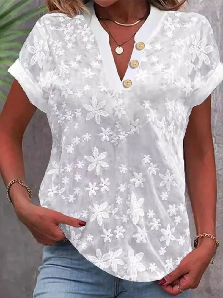 

Casual Solid Shirt Top For Women Fashion Short Sleeve V Neck Button Pullover Shirts Tops Lady Holiday Womens Clothing Summer New
