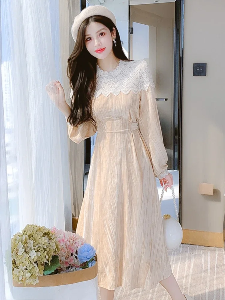 Spring Fall Women White Lace Patchwork Beige Velvet Dress , Woman Lady Vintage High Waisted Stand Collar Velour Dresses