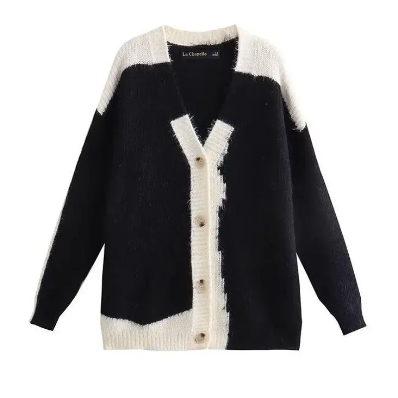 V-neck Cardigan for Women Korean Fashion New Knit Oversize Sweaters Long Sleeve Patchwork Jumper Female Fall Vintage Loose