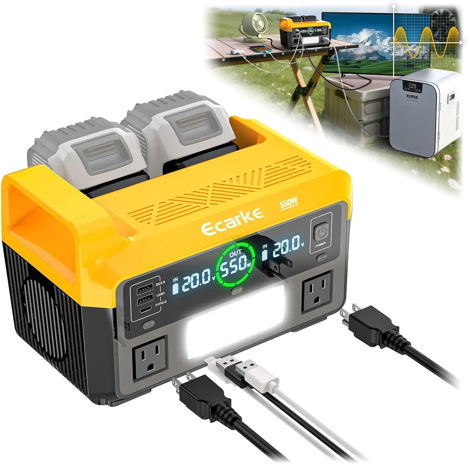 

550W Portable Power Inverter Compatible with DeWalt 20V Battery, DC 18V to AC 110V Pure Sine Wave Power Station 2 AC Outlets,2