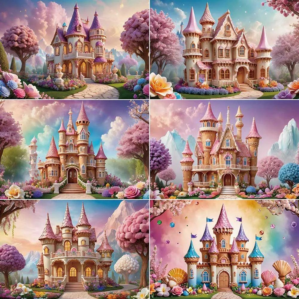 MOON.QG Fairy Castle Backdrop Photography Rainbow Pink Sakura Coral Photozone Background Baby Photo Studio Photocall Accessories