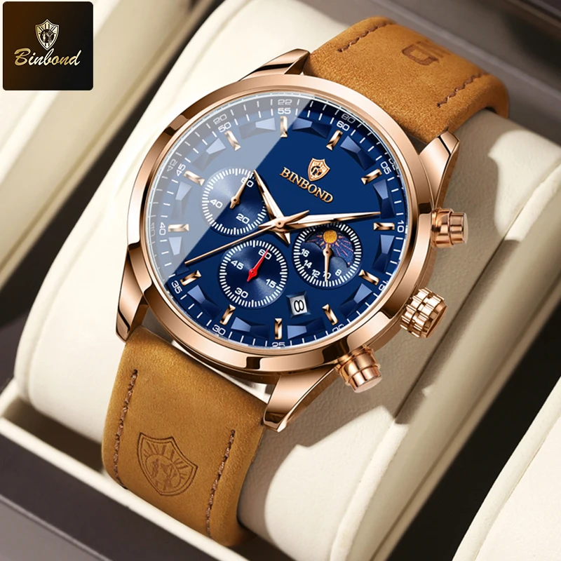 BINBOND Luxury Man Quartz Watch Waterproof Luminous Pointer Date Chronograph Leather Men Wristwatch Military Sports Male Watches