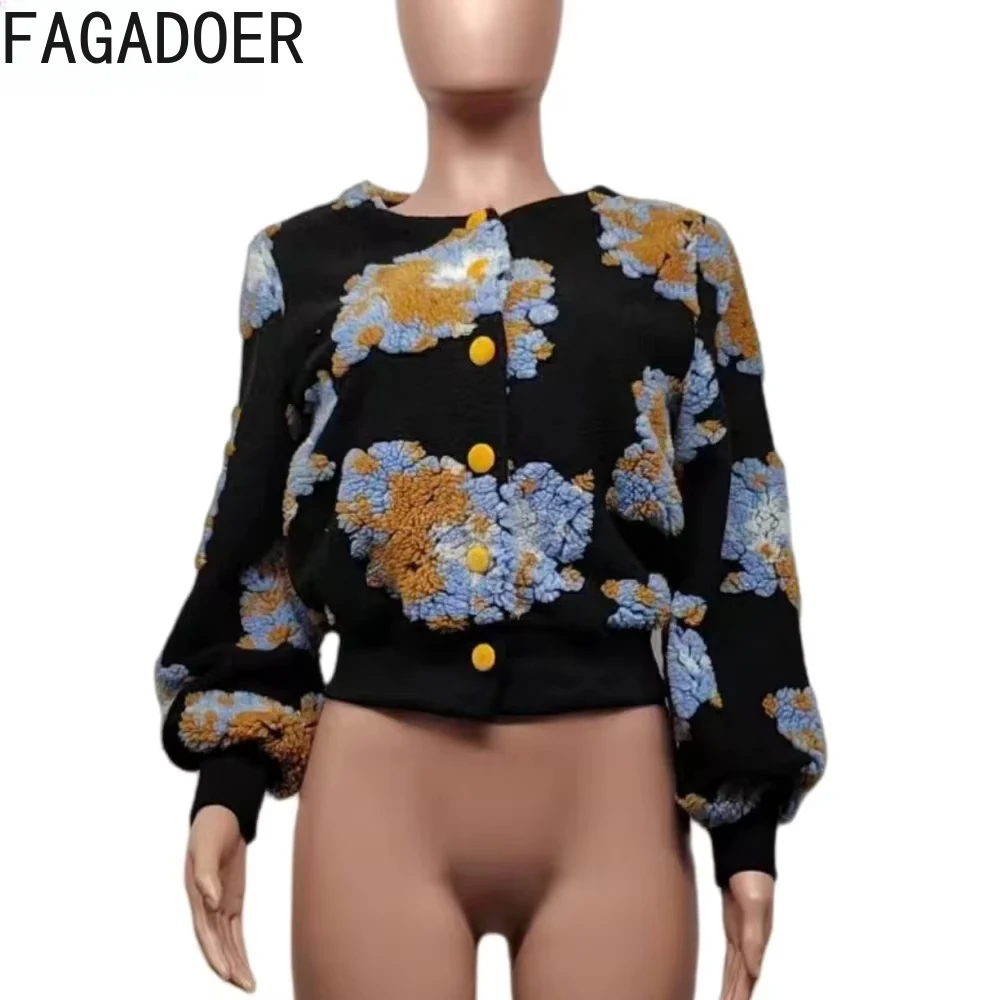 FAGADOER Fashion Street Jacquar Button Long Sleeve Coats Women Slim Vintage Jacket Autumn Elegant Lady Top Clothing Streetwear