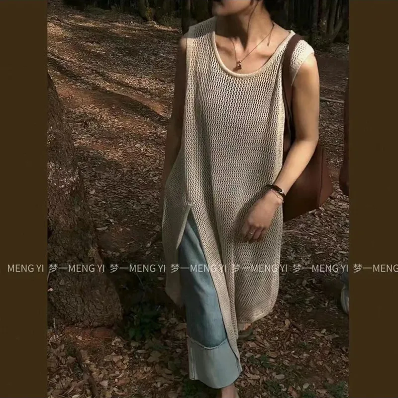 Hollow Out Knitted Tank Top Mesh Dress for Women Summer Autumn Lady Elegant Split Sleeveless Mid Dresses Female Dropshipping