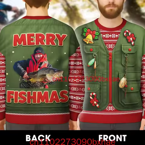 2025 New Merry Fishmas Ugly Christmas Sweater 3D Print Funny Fisherman Holiday Outfit
