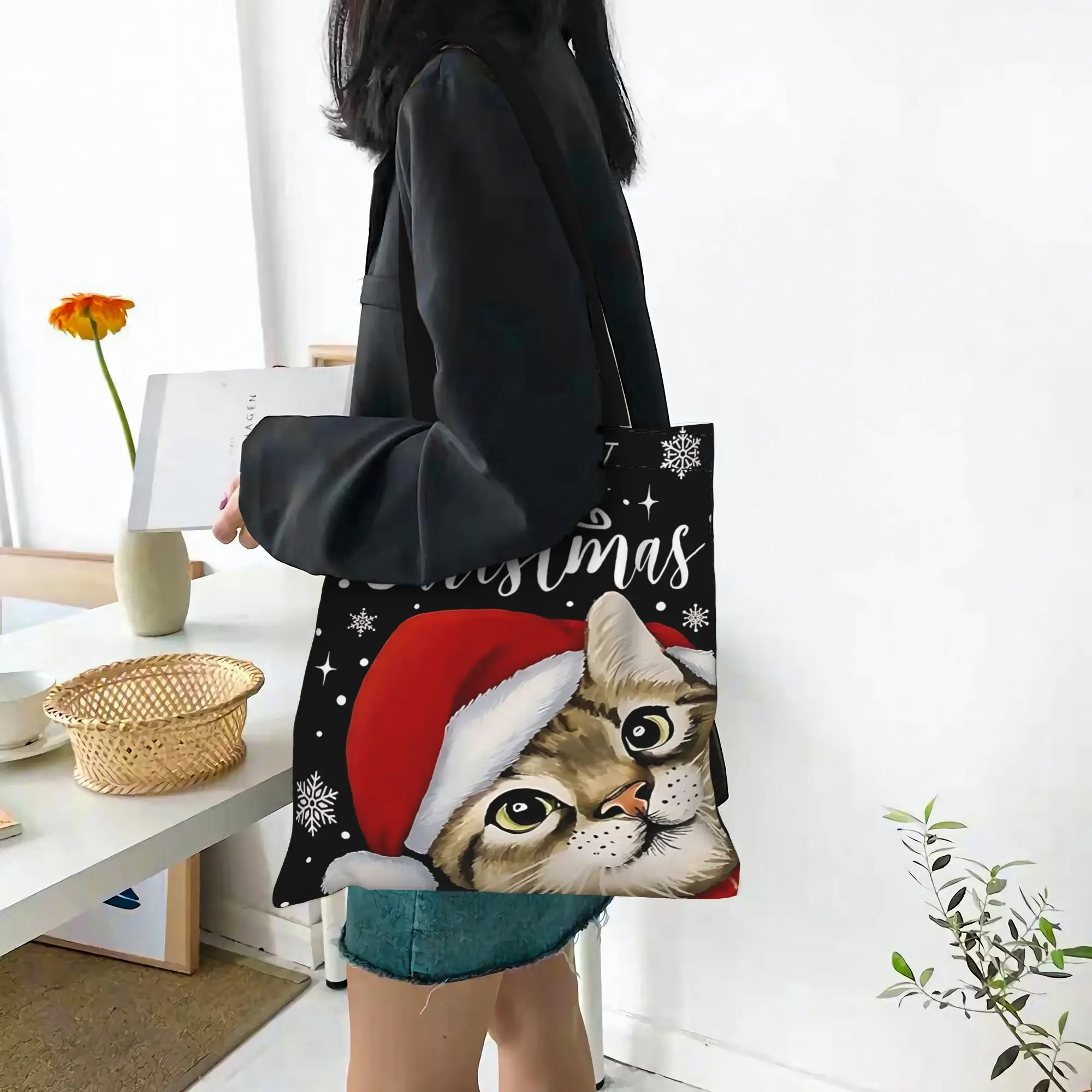 Customized Merry Christmas Cat with Santa Hat Women's Bag Shopping Bag Reusable Double Sided Canvas Tote Bag Shoulder  Handbag