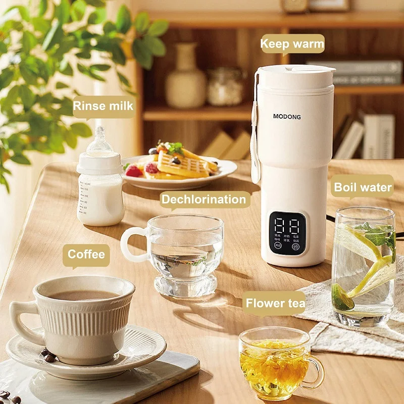 220V Electric Kettle Travel 304 Stainless Steel Temperature Controlled Kettle Portable Thermos Cup Smart Heating Cup 600ml