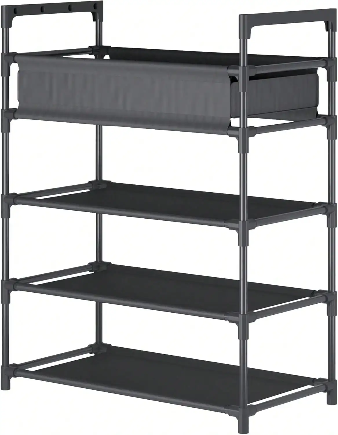 Rak Sepatu Bertingkat 4, Rak Sepatu Kokoh, Rak Sepatu Kain Non-Woven, Hitam