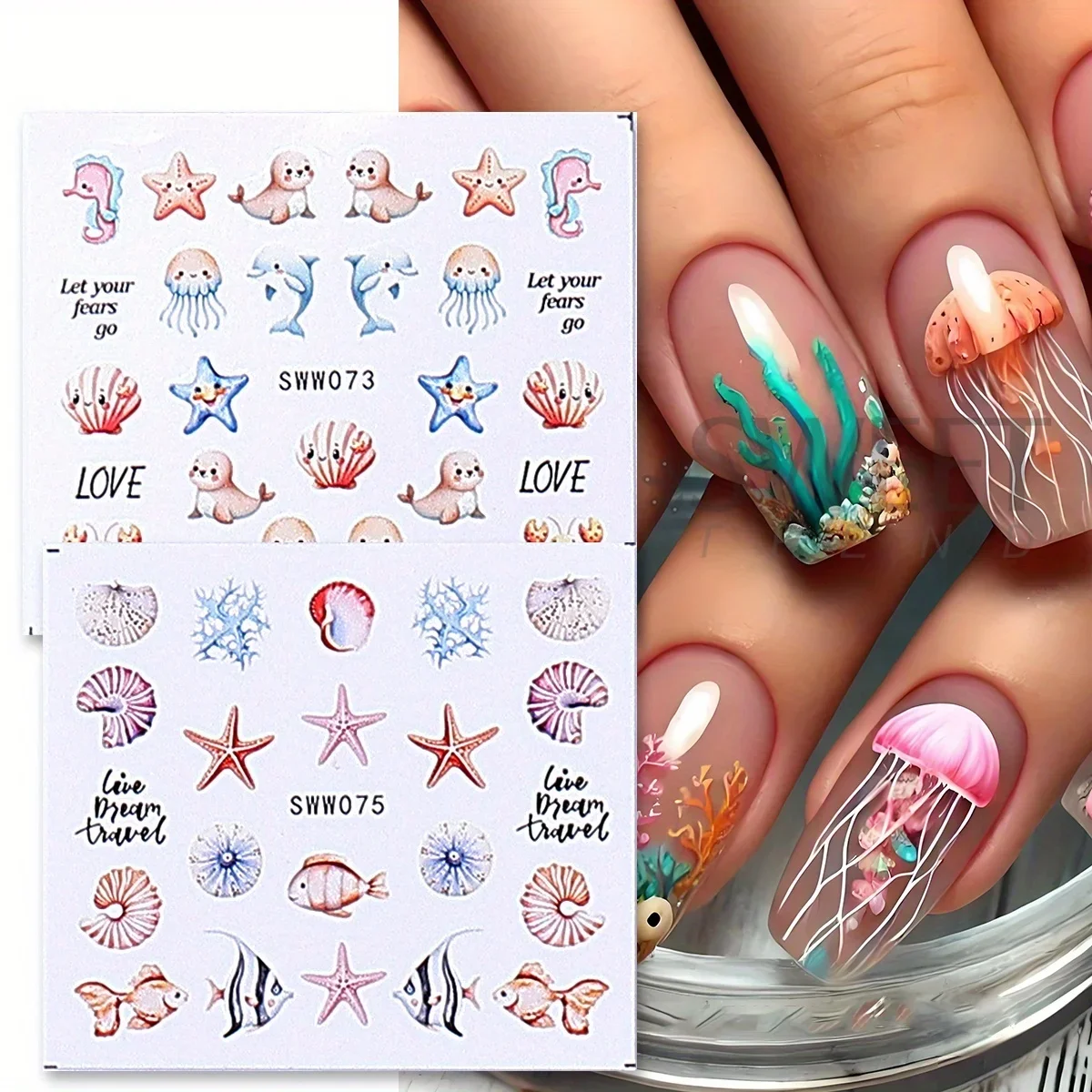 24pcs Marine Life Water Transfer Nail Stickers Mermaid Conch Starfish Jellyfish Seashell Design Summer Ocean Manicure Decor Tips