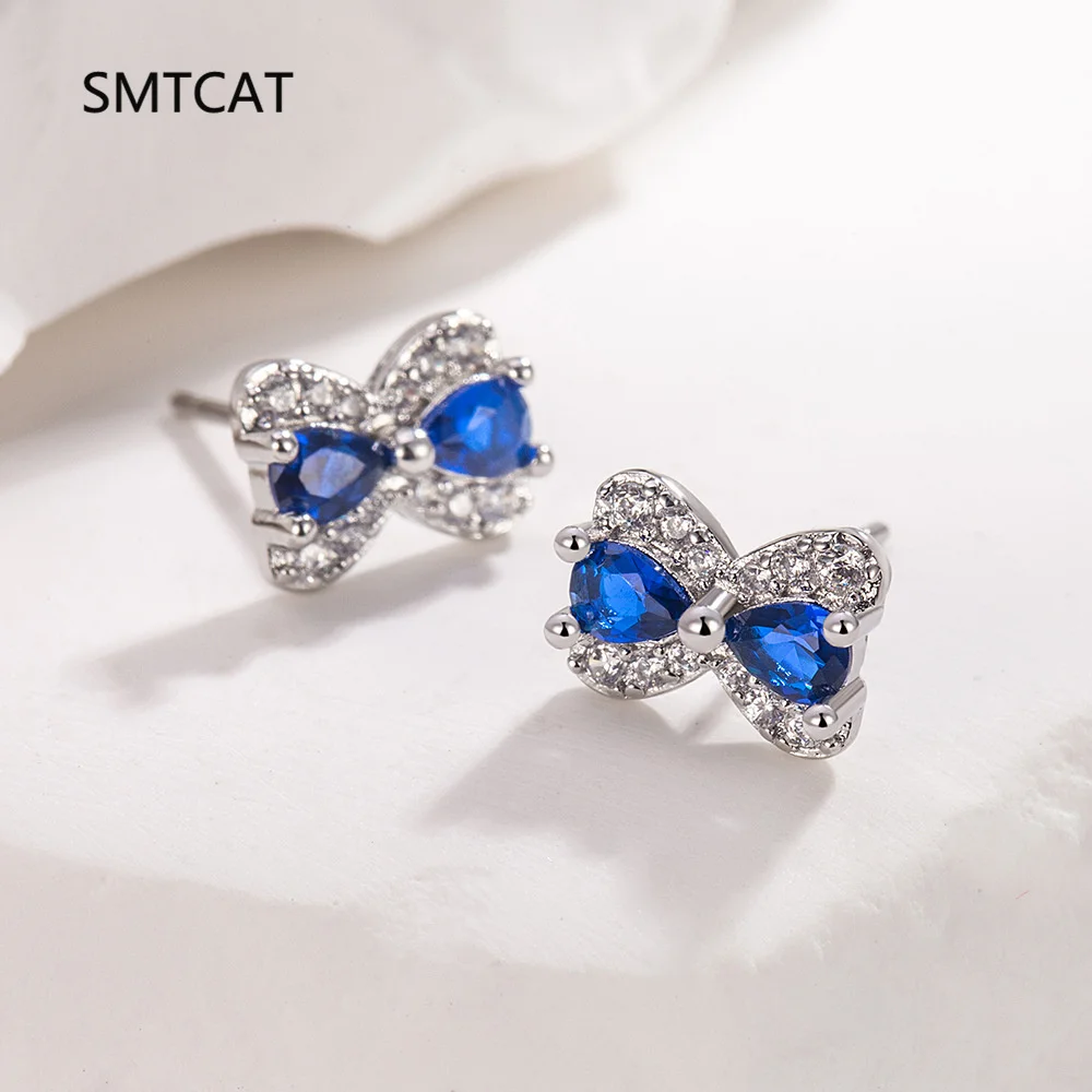 

Pear Cut Created Blue Sapphire 925 Sterling Silver Sweet Bowknot Stud Earrings for Women Gemstone Fine Jewelry Birthday Gift