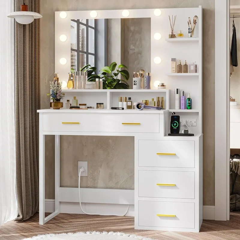 Makeup Vanity with Lights, Vanity Desk with Charging Station, Vanity Table with 10 Light Bulbs Mirror & 3 Lighting Modes