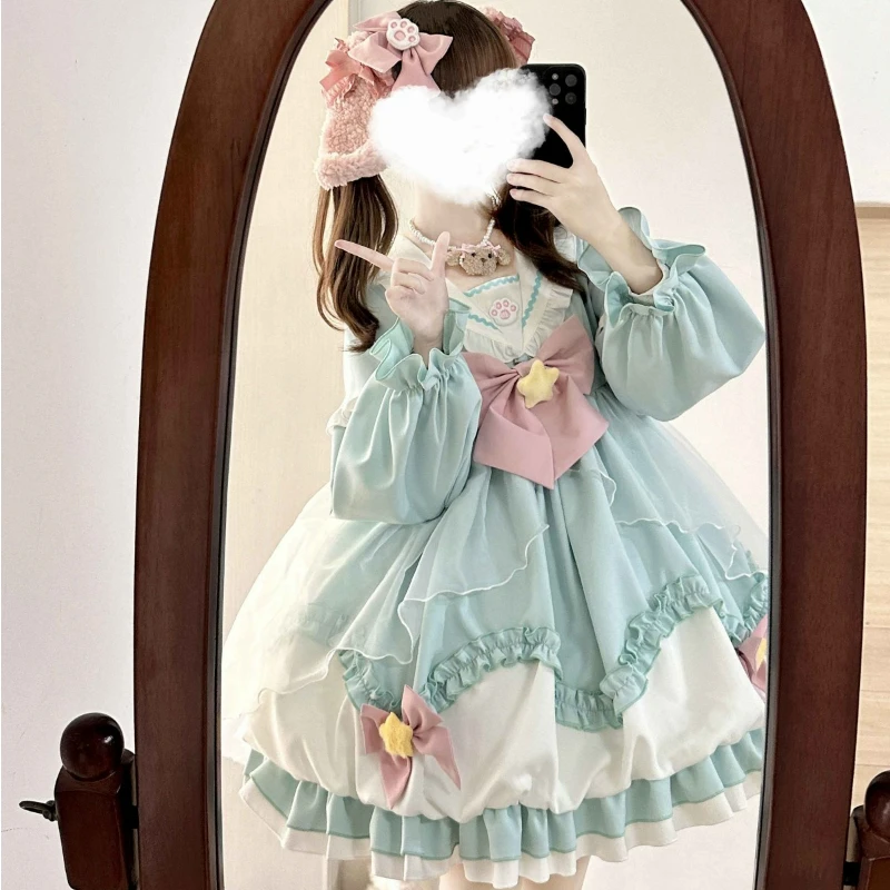 Mini vestido estilo lolita japonês para mulheres, babados bonitos, babados de malha, arco estrela, gola de marinheiro, mangas compridas, vestidos de princesa, kawaii