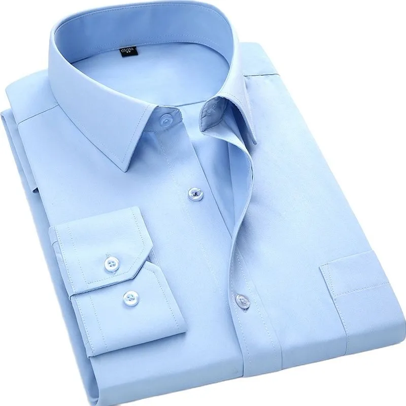 2026 Single Patch Pocket Formal Business Standard Office  Men's Classic Long Sleeve Solid Basic Dress Shirts SIZE 47 48