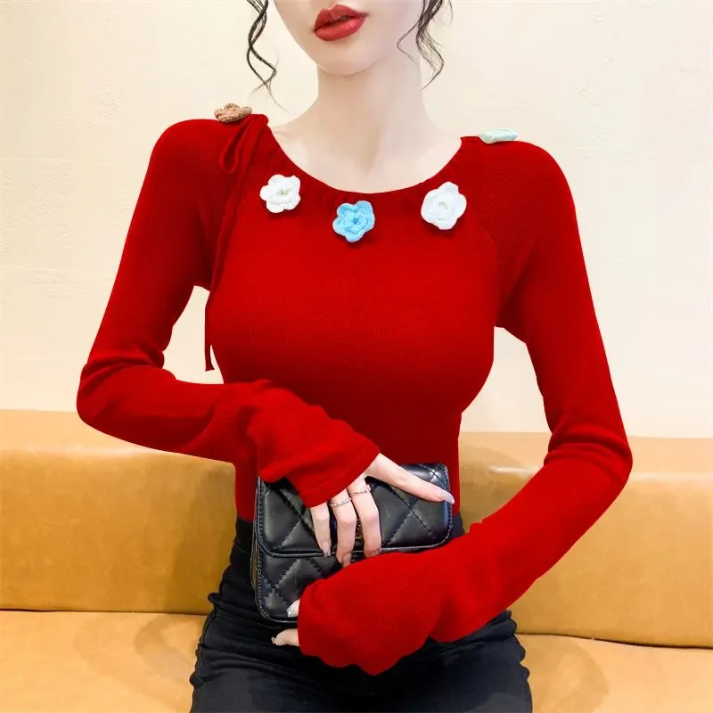 Rose Purple Round Neck Long Sleeve Sweater Top for Women's Autumn New Drawstring Flower Niche Slim Sweater