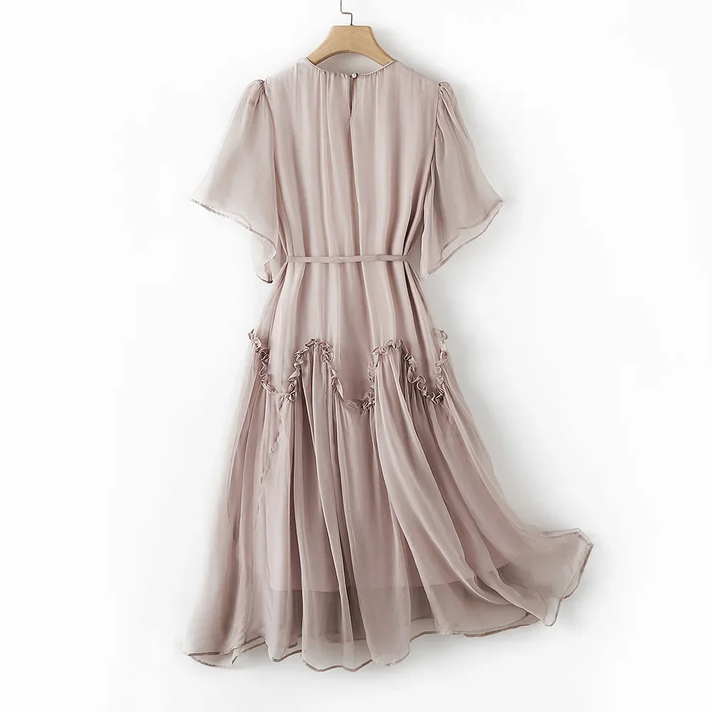 2024 Summer Dress Women Clothing New Boho Beach Dress Solid Color Short Sleeves Real Silk Dress Long Dresses For Women Zm3157