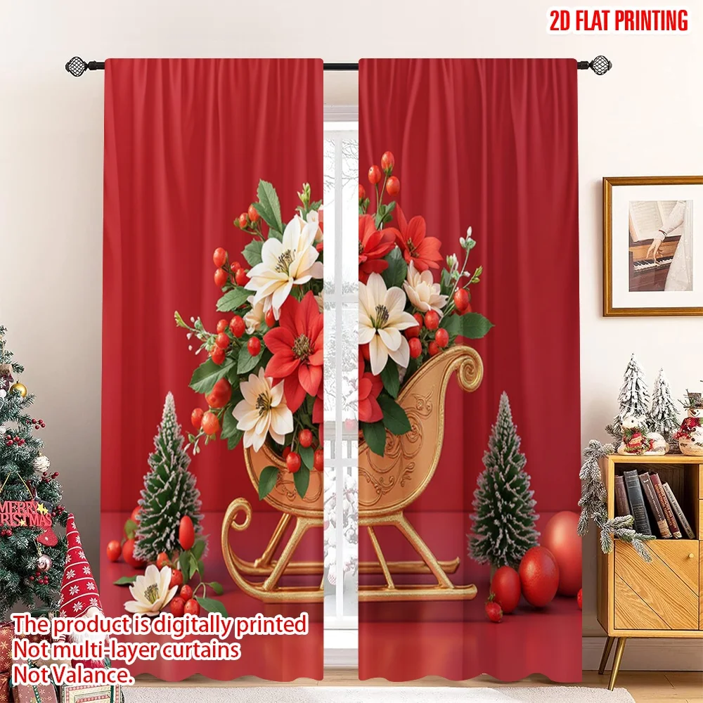 

2pcs 2D flat printing Christmas Scene Curtain Christmas Sleigh Flowers Snowflakes Polyester Fabric Without Electricity Party &