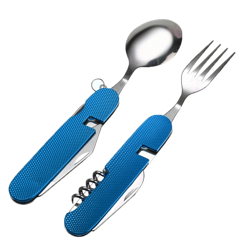 6 In 1 Detachable Tableware Multifunctional Camping Stainless Steel Fork Knife Spoon Bottle Opener Fold Outdoor Hiking Travel