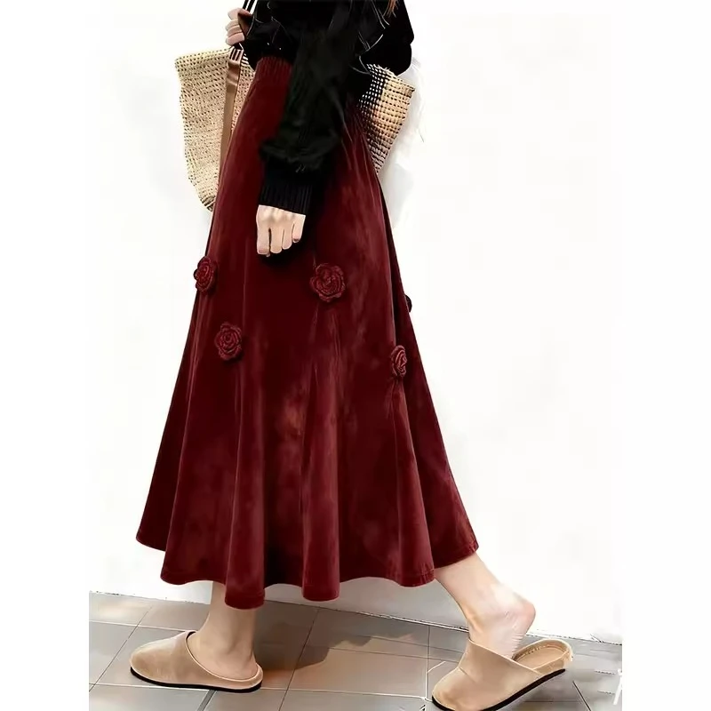 

Зима-Осень, новая женская винтажная аппликация, цветок, винно-красная длинная бархатная юбка, женская одежда, велюровые юбки