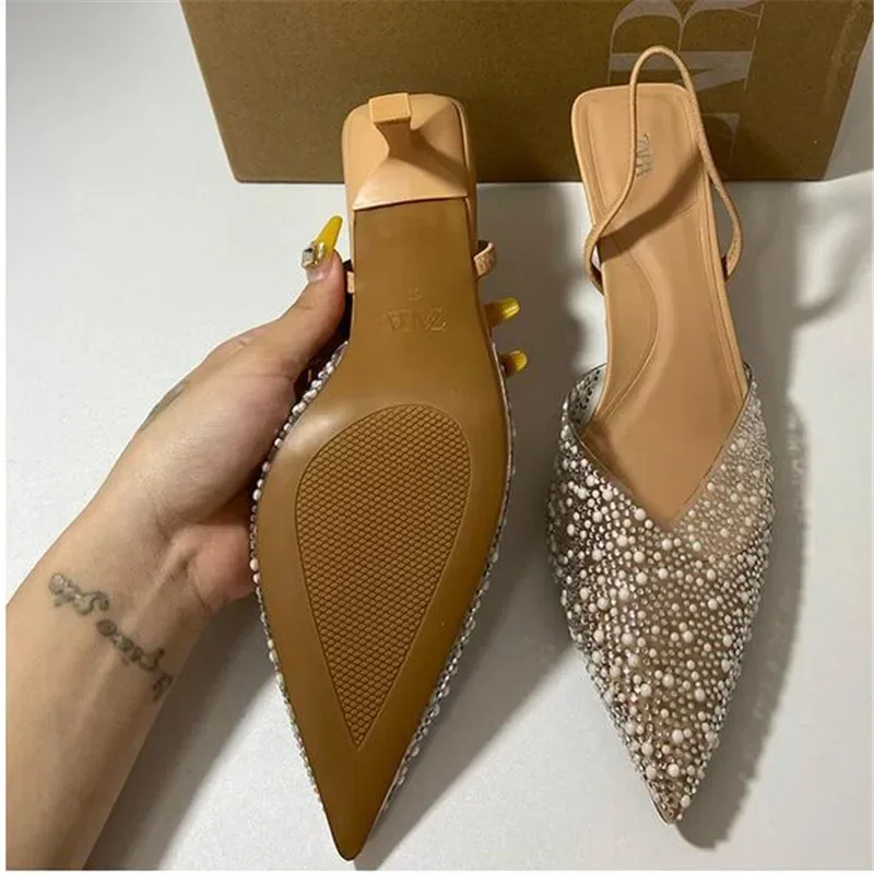 Fashion Summer Women High Heels Pearl Decoration Slingback Woman Pumps Pointed Toe High Heels Sandals Elegant Woman Shoes