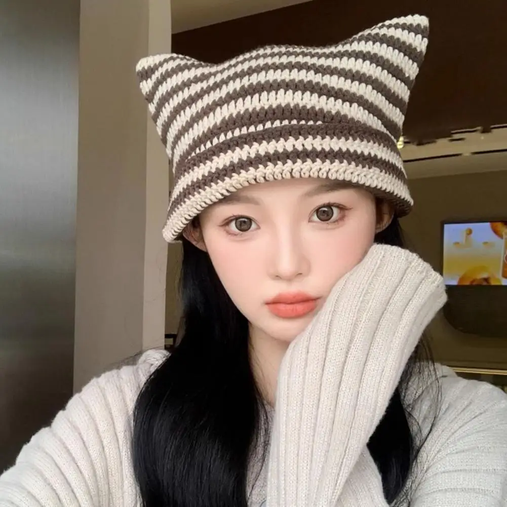 Knitted Hat Stretchy Knit Beanie Japanese Style Streetwear Harajuku Beanie Hat Little Devil Striped Knitted Bonnet for Women's