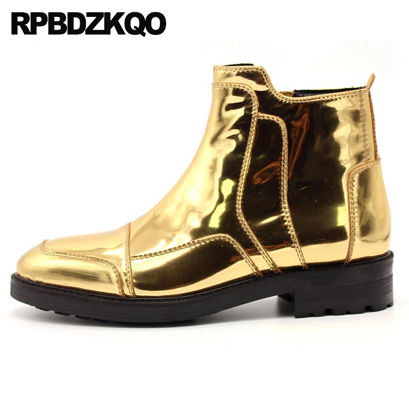 

Booties Metallic Autumn Side Zip Short Catwalk Thick Men Cow Skin Shoes Boots Mirror Patent Leather Plus Size Club Pointy Toe 45