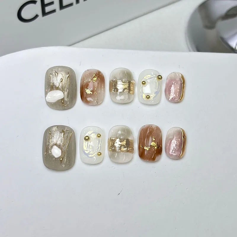 

10pcs/set Handmade Press on Nails Golden Design Fake Nails Wearable Stick-on Nails Glossy Full Cover False Nail Tips for Women