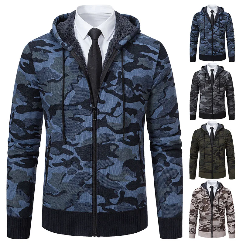 Mens Knit Cardigan Camouflaged Sweater Hooded Tactical Jacket Fashion Male Zipper Coat Thick Fleece Lined Clothing