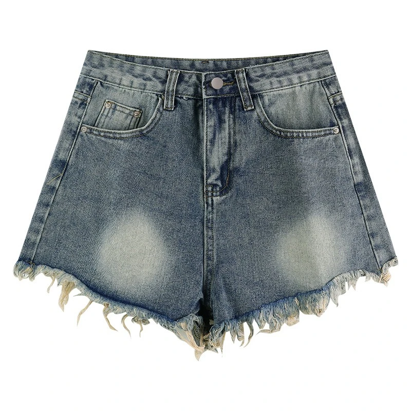 

2025 Summer New Retro Old Rough Edge Denim Shorts Women's Design High Waist Thin Elastic Hot Pants