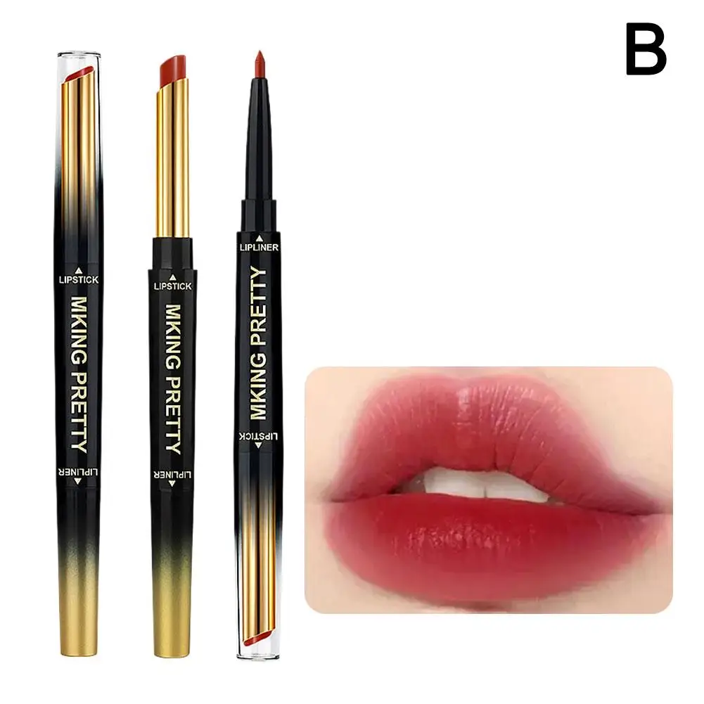 Double Ended Matte Lipstick Women Lip Liner 2 In 1 Makeup Lipstick Waterproof Cosmetic Lipstick Nude Matte Lips Red U3A4