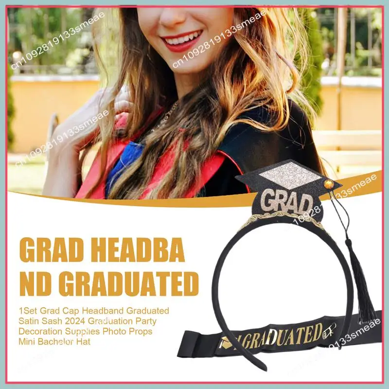 

N94R 1Set Grad Cap Headband Graduated Satin Sash 2024 Graduation Party Decoration Supplies Photo Props Mini Bachelor Hat