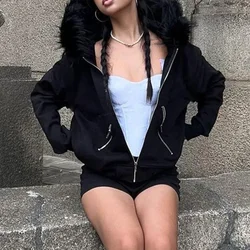 Large Fur Collar Hooded Zipper Sweatshirt Women's Minimalist Harajuku Crop Jacket Winter Outfits Letter Streetwear