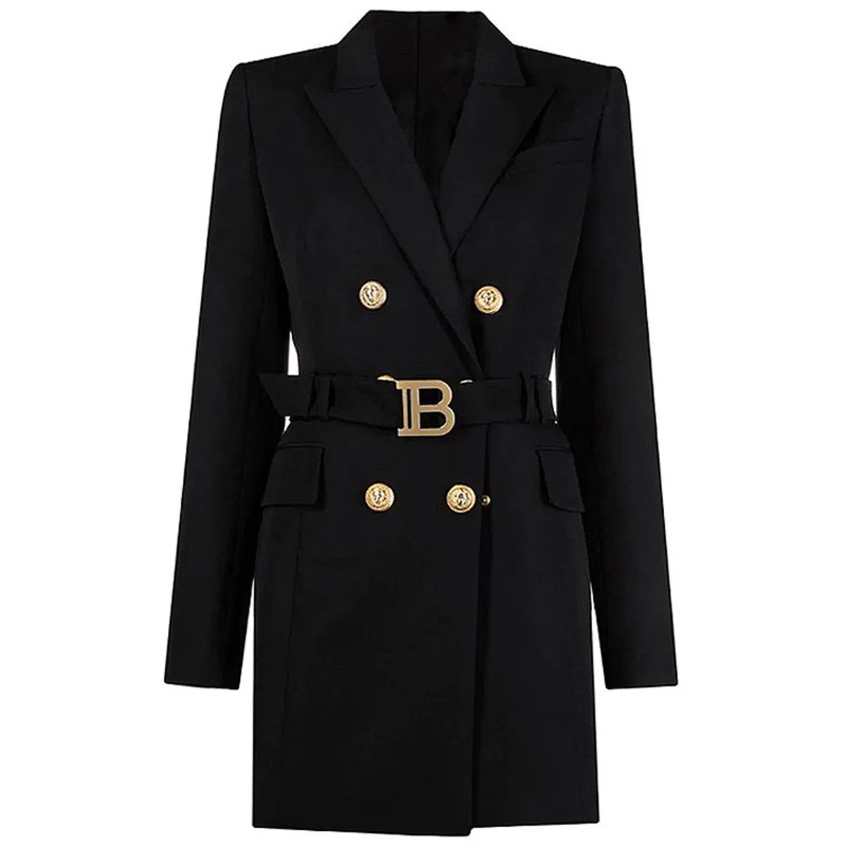 Women's Spring Autumn Elegant Office Lady Suit Grren Coat Gold Button Blazers Dresses Mid Long With Belt Slim Formal Jackets