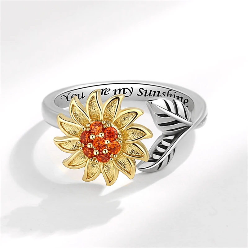 WYEAIIR Rotatable Reduce Pressure Sunflower Gold Art 925 Sterling Silver Resizable Opening Ring For Women Luxury Jewelry